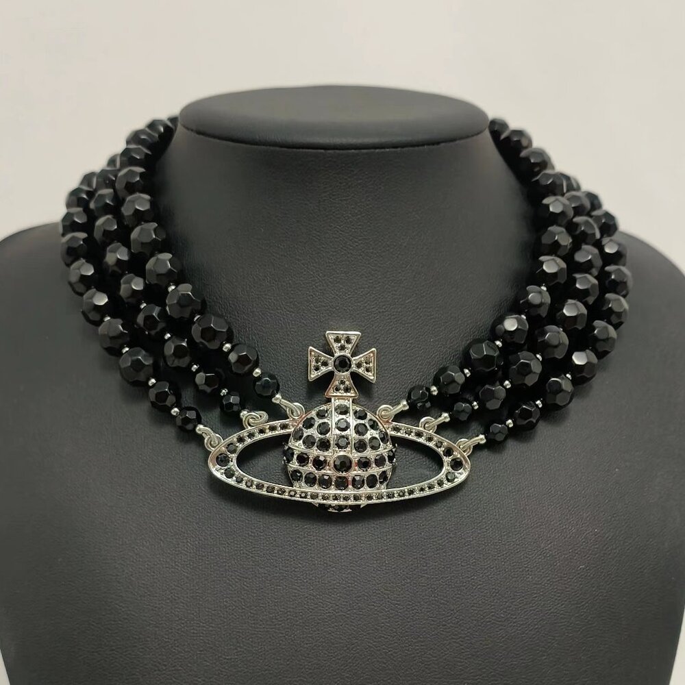 Vivienne Westwood Triple-Layer Black Necklace with Silver Saturn Pendant